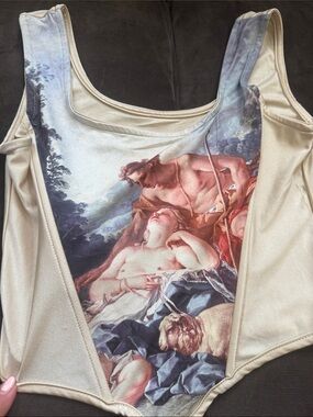 Art Print Satin Tank in Champagne and Multi. Designer Inspired.